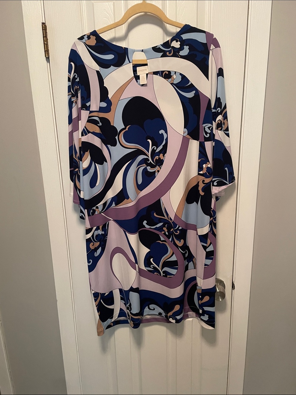 Chico's Abstract Swirl Print Dress in Blue, Lavender, Navy, Cream
